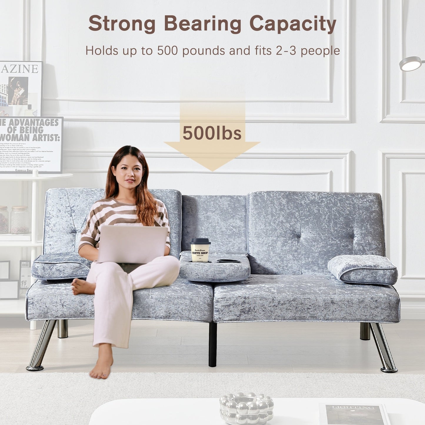 Divano letto futon in velluto grigio con portabicchieri