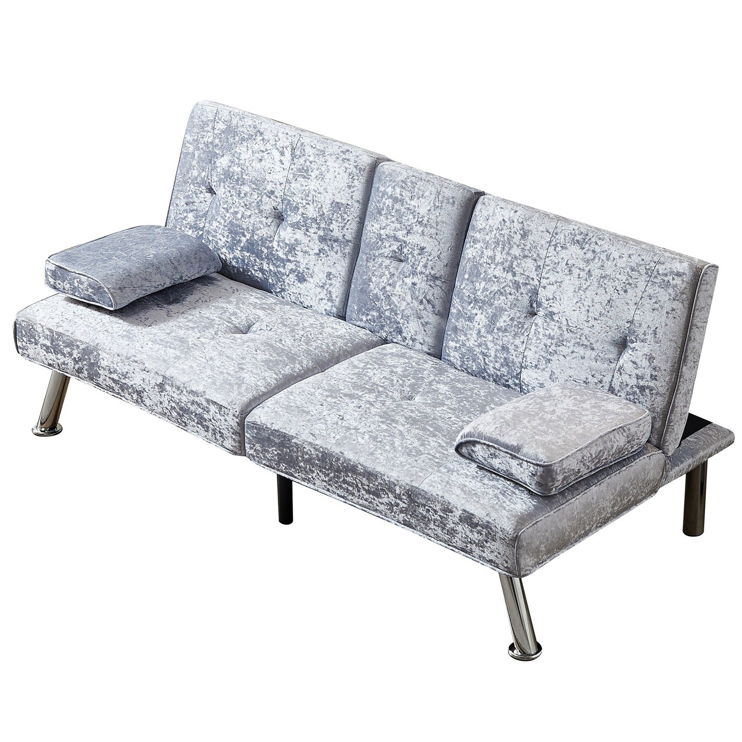 Divano letto futon in velluto grigio con portabicchieri
