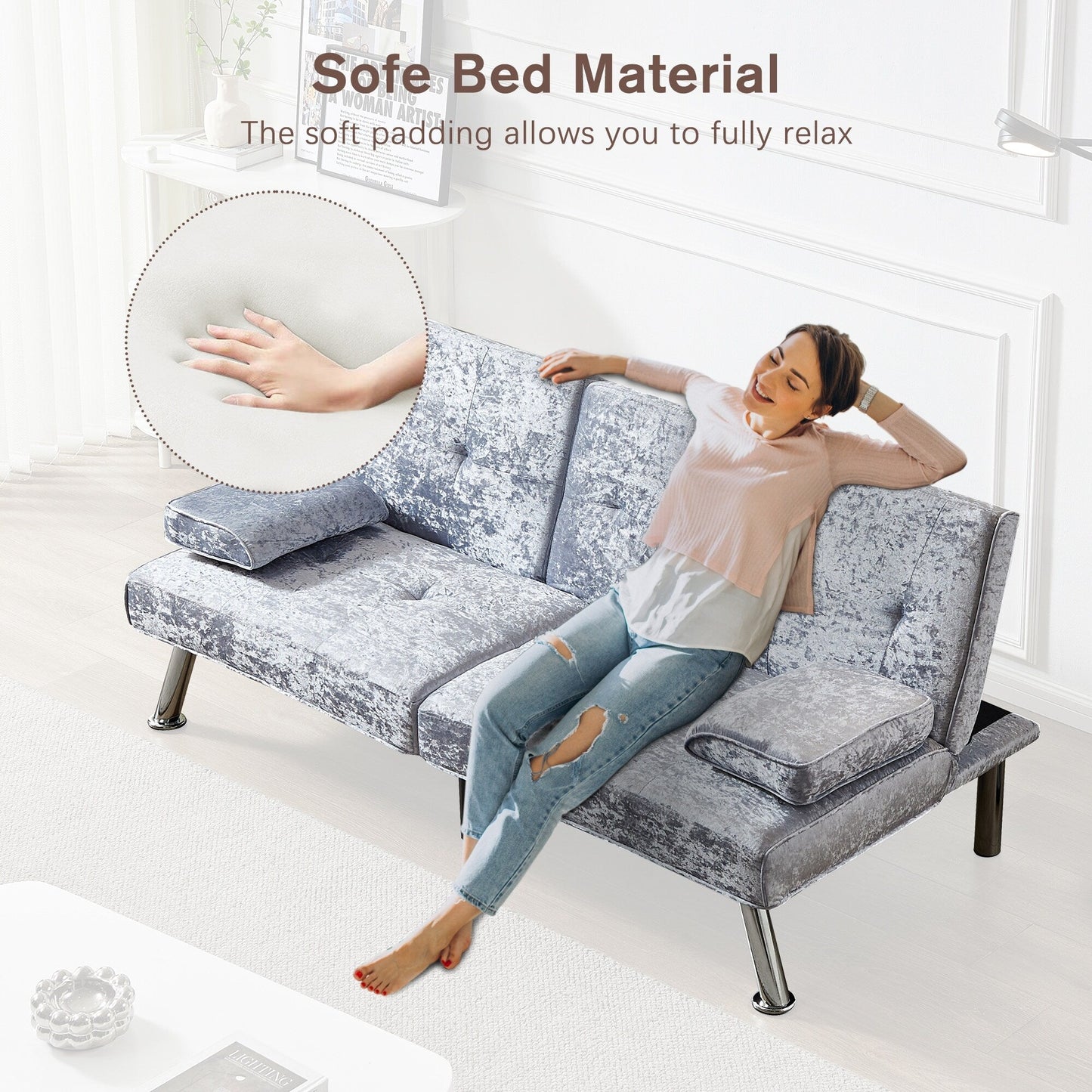 Divano letto futon in velluto grigio con portabicchieri