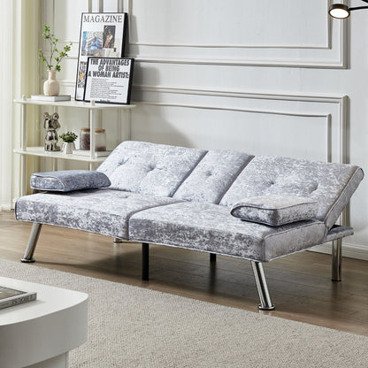 Divano letto futon in velluto grigio con portabicchieri
