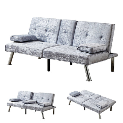Divano letto futon in velluto grigio con portabicchieri