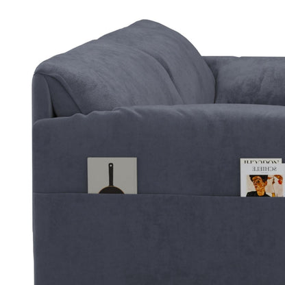 Divano letto estraibile in velluto grigio con contenitore laterale