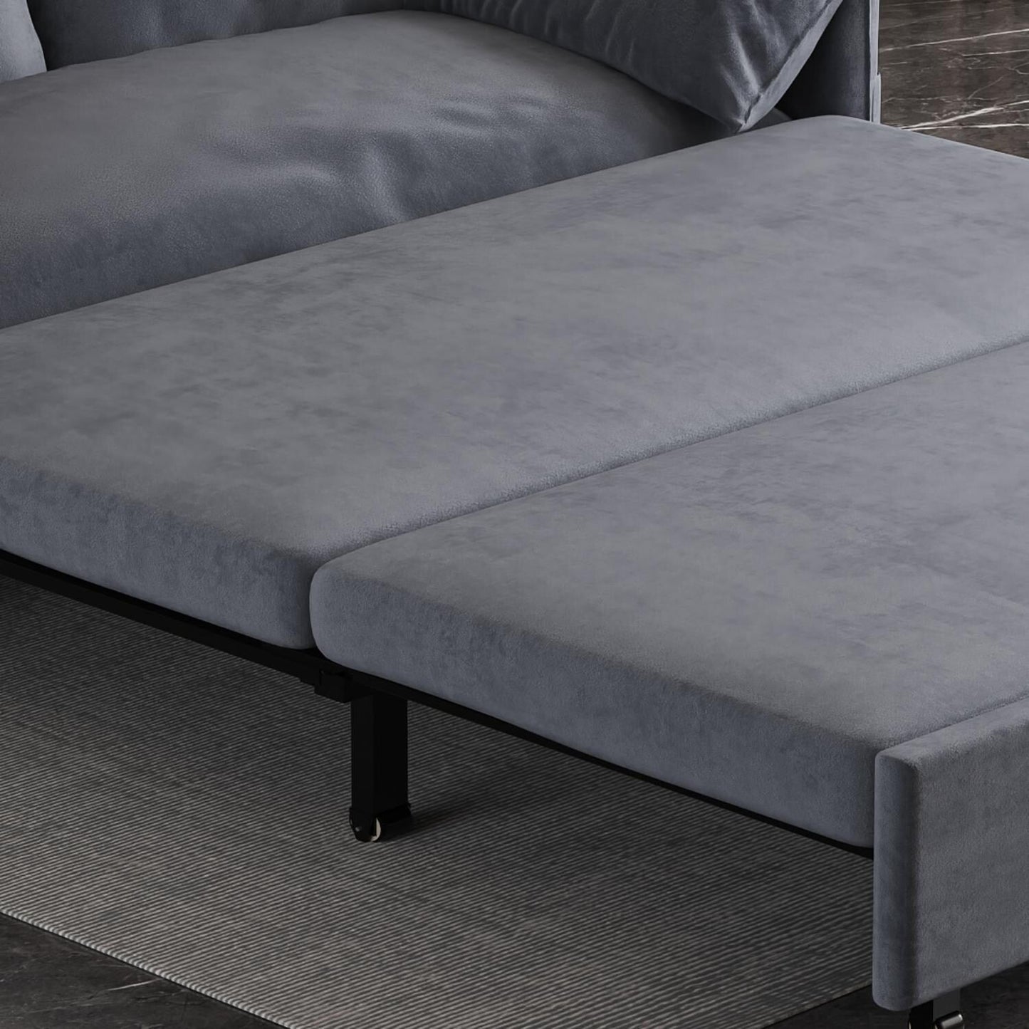 Divano letto estraibile in velluto grigio con contenitore laterale
