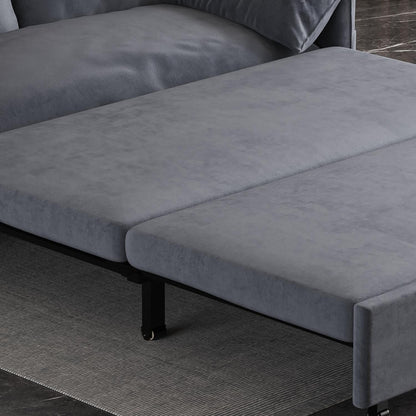 Divano letto estraibile in velluto grigio con contenitore laterale