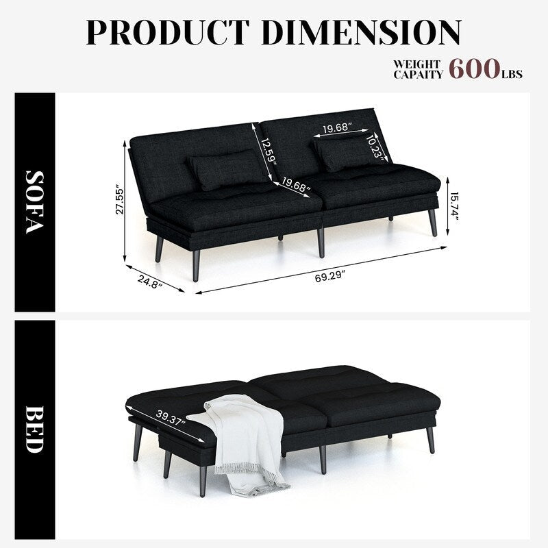 Divano letto futon trasformabile Grondin, divano letto con schienale regolabile in 5 angolazioni e 2 cuscini, poltrona reclinabile in stile moderno.