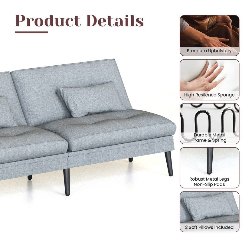 Divano letto futon trasformabile Grondin, divano letto con schienale regolabile in 5 angolazioni e 2 cuscini, poltrona reclinabile in stile moderno.