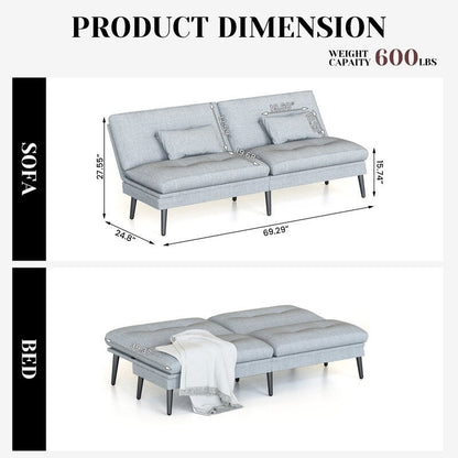 Divano letto futon trasformabile Grondin, divano letto con schienale regolabile in 5 angolazioni e 2 cuscini, poltrona reclinabile in stile moderno.