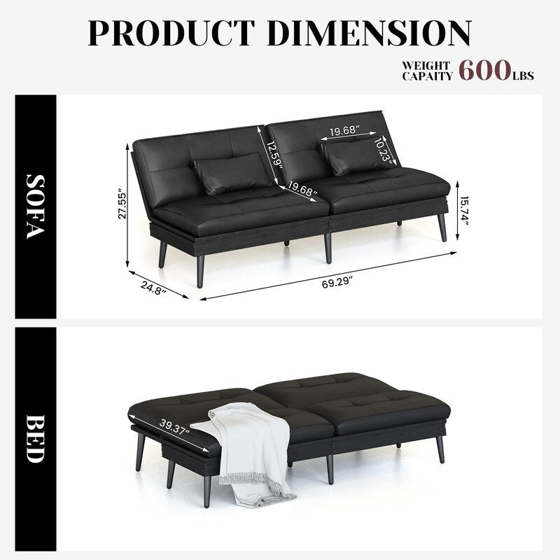 Divano letto futon trasformabile Grondin, divano letto con schienale regolabile in 5 angolazioni e 2 cuscini, poltrona reclinabile in stile moderno.