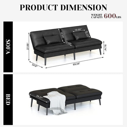 Divano letto futon trasformabile Grondin, divano letto con schienale regolabile in 5 angolazioni e 2 cuscini, poltrona reclinabile in stile moderno.