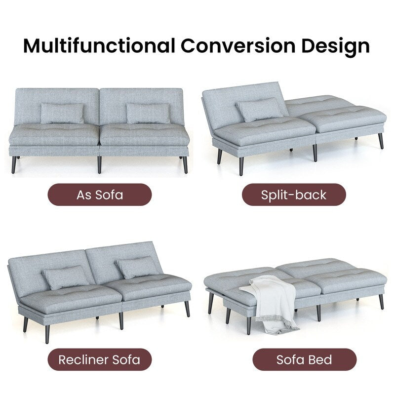 Divano letto futon trasformabile Grondin, divano letto con schienale regolabile in 5 angolazioni e 2 cuscini, poltrona reclinabile in stile moderno.