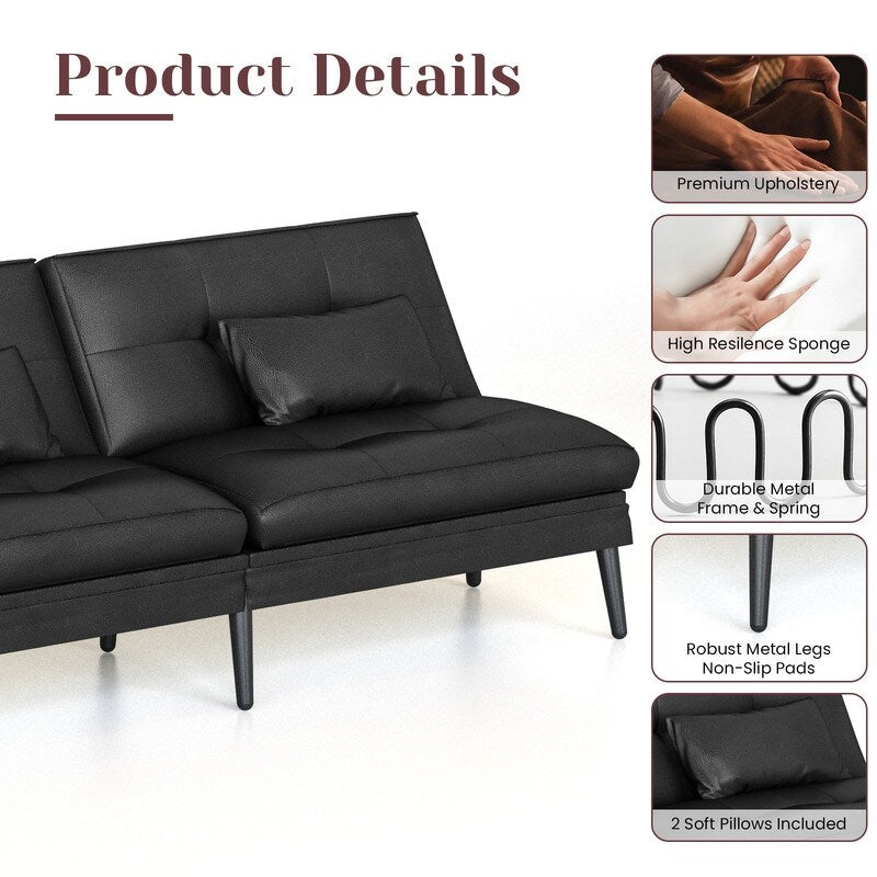 Divano letto futon trasformabile Grondin, divano letto con schienale regolabile in 5 angolazioni e 2 cuscini, poltrona reclinabile in stile moderno.