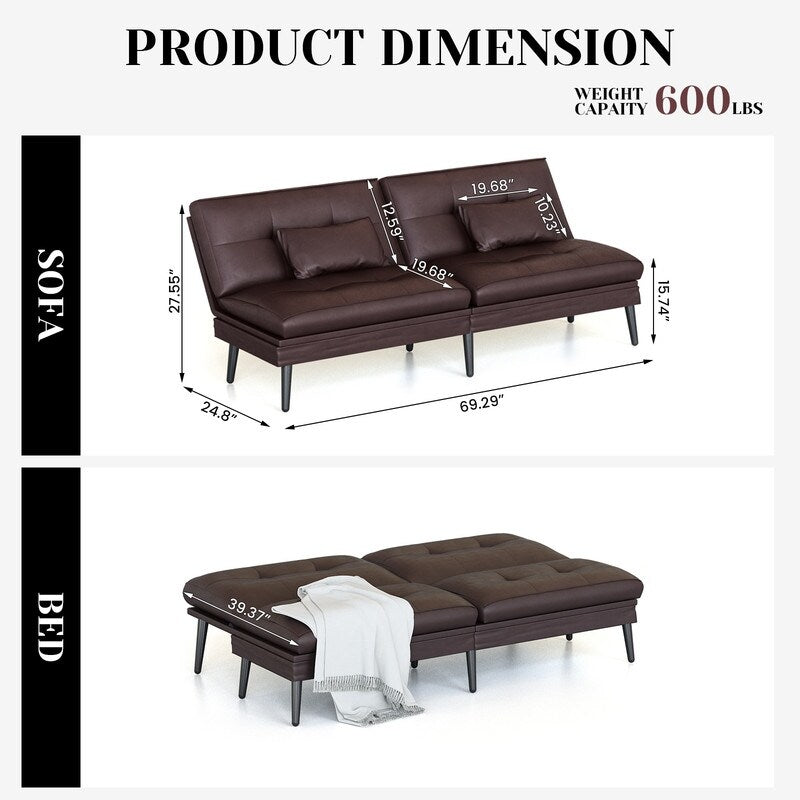 Divano letto futon trasformabile Grondin, divano letto con schienale regolabile in 5 angolazioni e 2 cuscini, poltrona reclinabile in stile moderno.