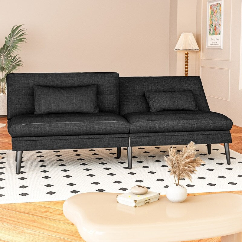 Divano letto futon trasformabile Grondin, divano letto con schienale regolabile in 5 angolazioni e 2 cuscini, poltrona reclinabile in stile moderno.