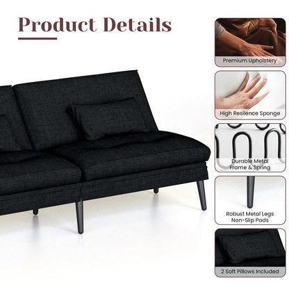 Divano letto futon trasformabile Grondin, divano letto con schienale regolabile in 5 angolazioni e 2 cuscini, poltrona reclinabile in stile moderno.