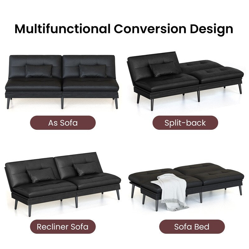 Divano letto futon trasformabile Grondin, divano letto con schienale regolabile in 5 angolazioni e 2 cuscini, poltrona reclinabile in stile moderno.