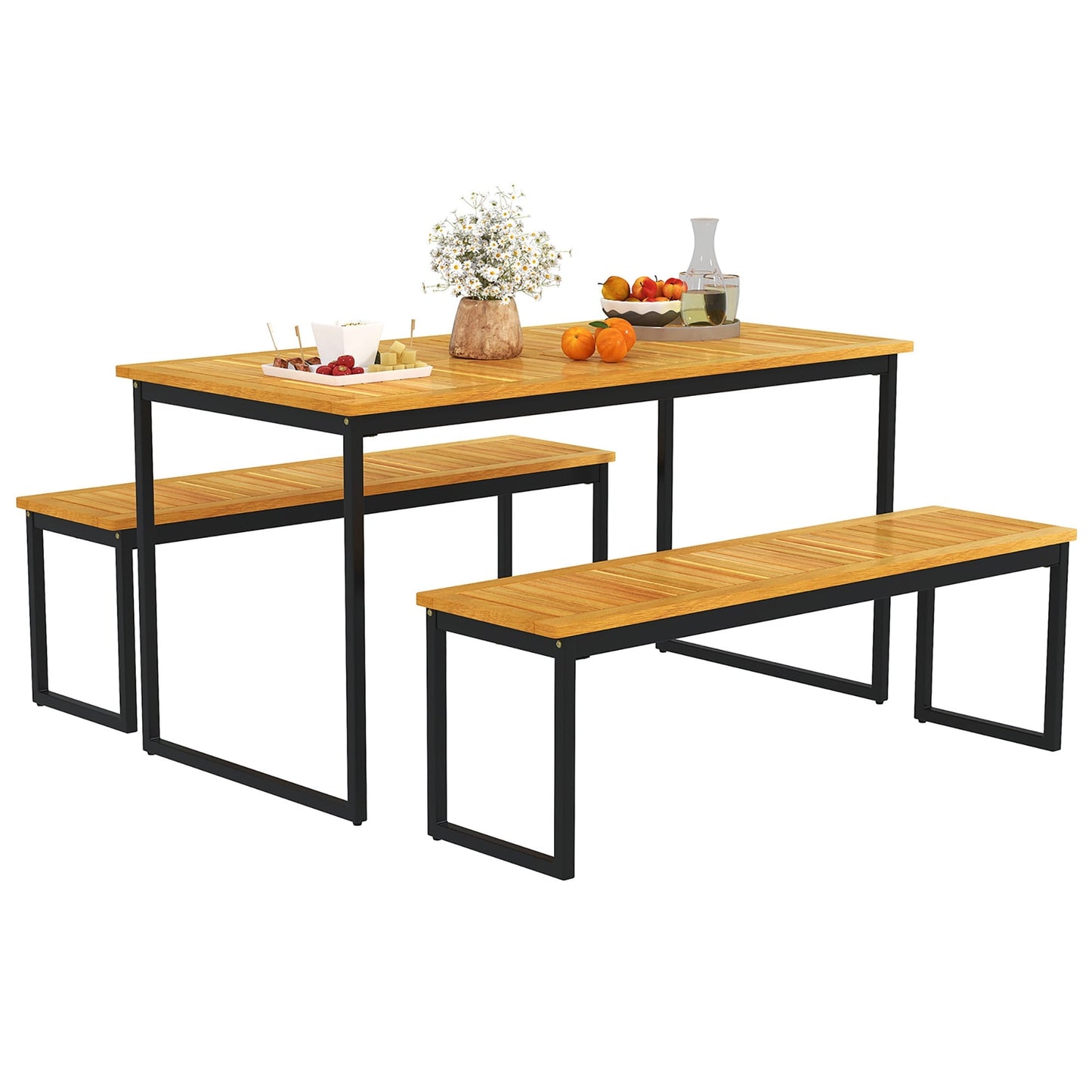 Gymax Set da pranzo per esterni da 3 pezzi per 6 persone con piano in legno di acacia e metallo