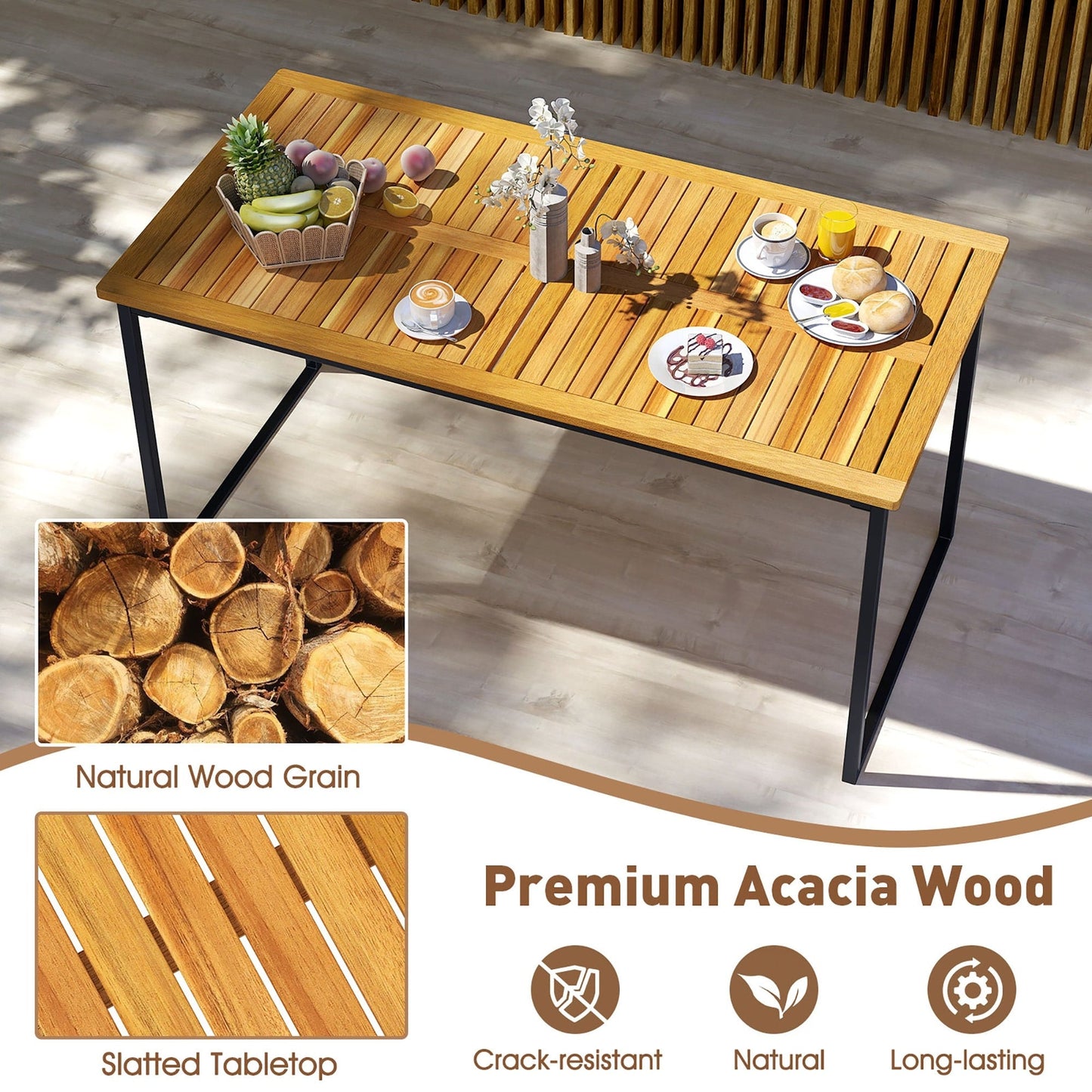 Gymax Set da pranzo per esterni da 3 pezzi per 6 persone con piano in legno di acacia e metallo
