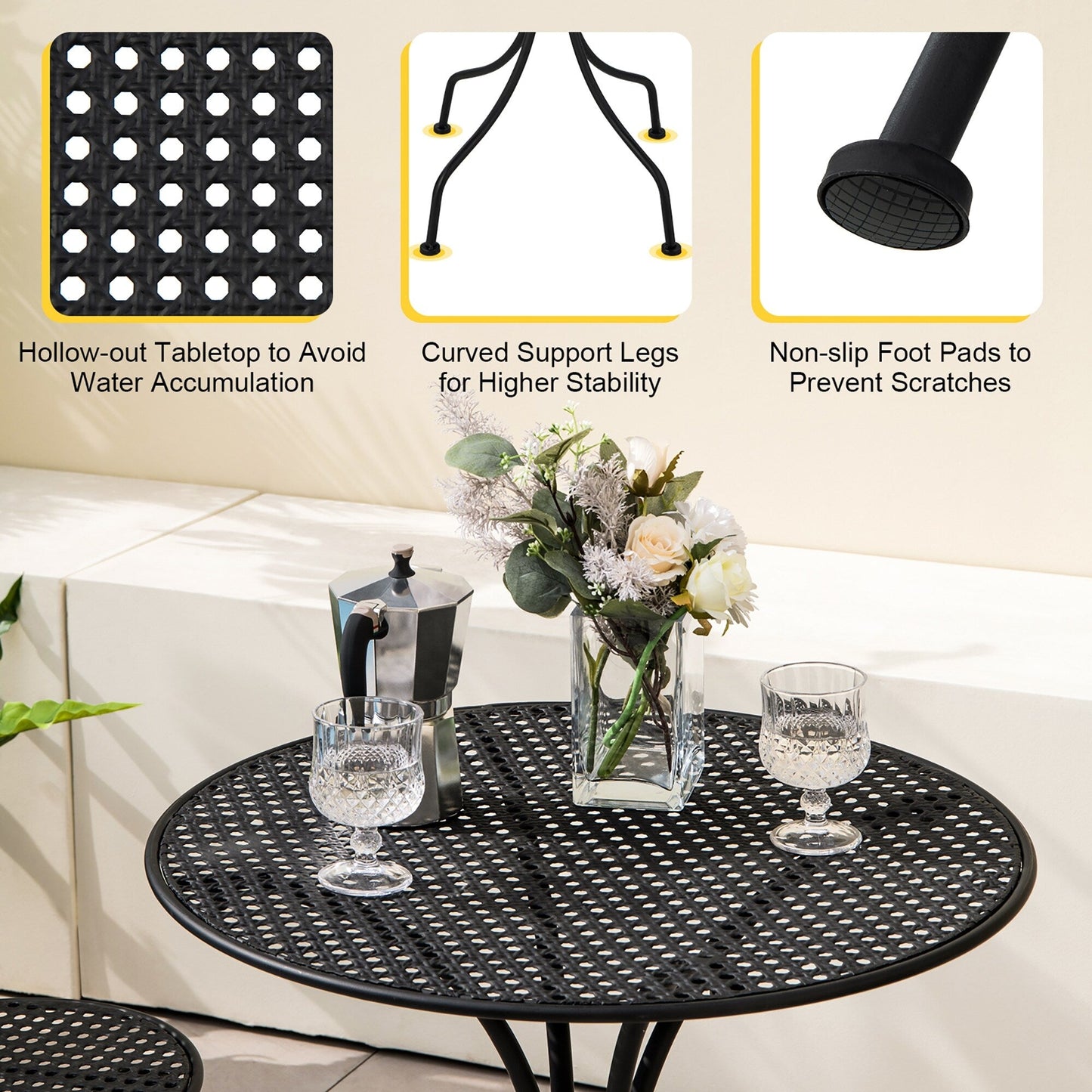 Gymax 3 pezzi set da bistrot per patio tavolo e sedie in metallo per tutte le stagioni per 2