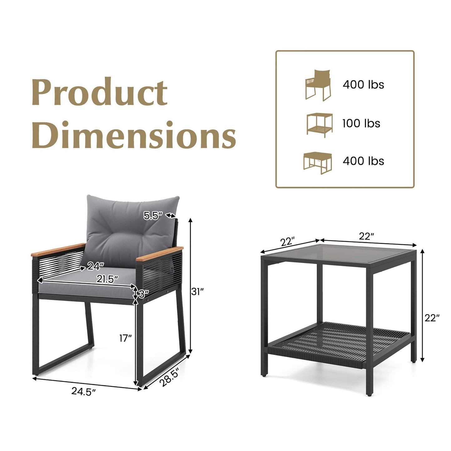 Set di mobili da giardino Gymax da 3 pezzi con sedie in vimini e rattan PE a 2 livelli