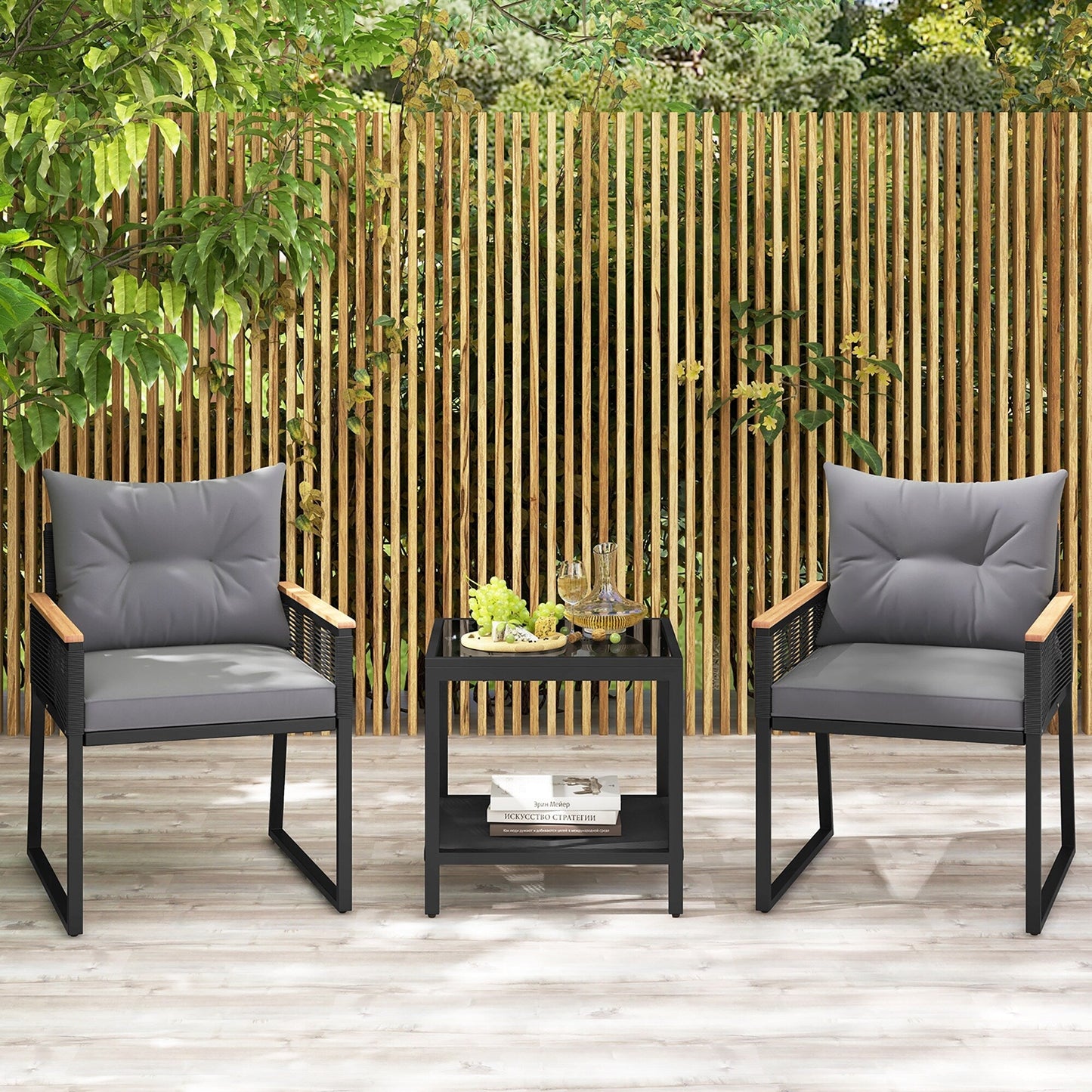 Set di mobili da giardino Gymax da 3 pezzi con sedie in vimini e rattan PE a 2 livelli
