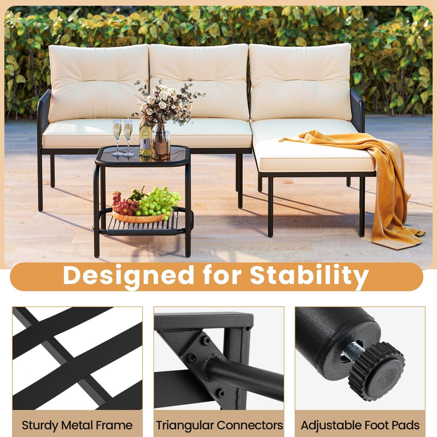 Set di mobili da giardino Gymax a forma di L da 3 pezzi con schienale in vetro temperato