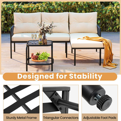 Set di mobili da giardino Gymax a forma di L da 3 pezzi con schienale in vetro temperato