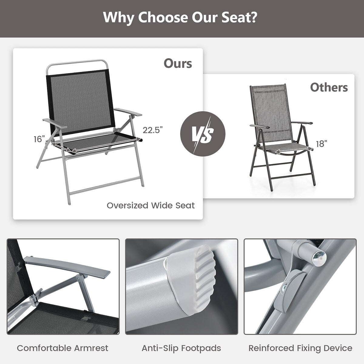 Set di 3 sedie pieghevoli da giardino Gymax con tavolino e sedia extra large