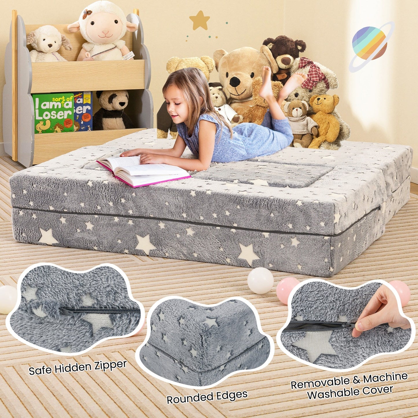 Divano pieghevole 3 in 1 per bambini Gymax, rimovibile e lavabile in lavatrice