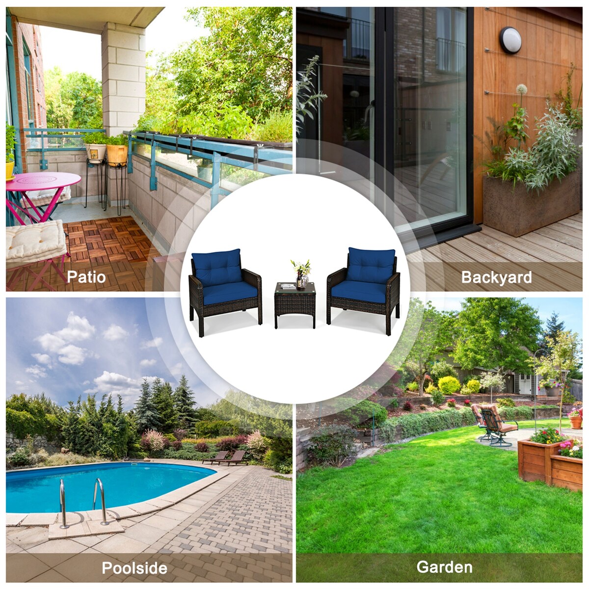 Gymax 3 pezzi Rattan Patio Conversation Furniture Set Yard Outdoor w/