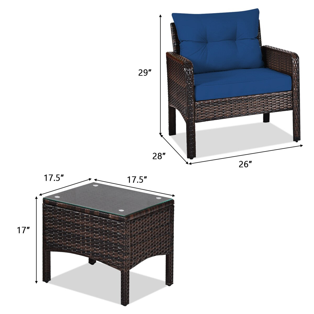 Gymax 3 pezzi Rattan Patio Conversation Furniture Set Yard Outdoor w/
