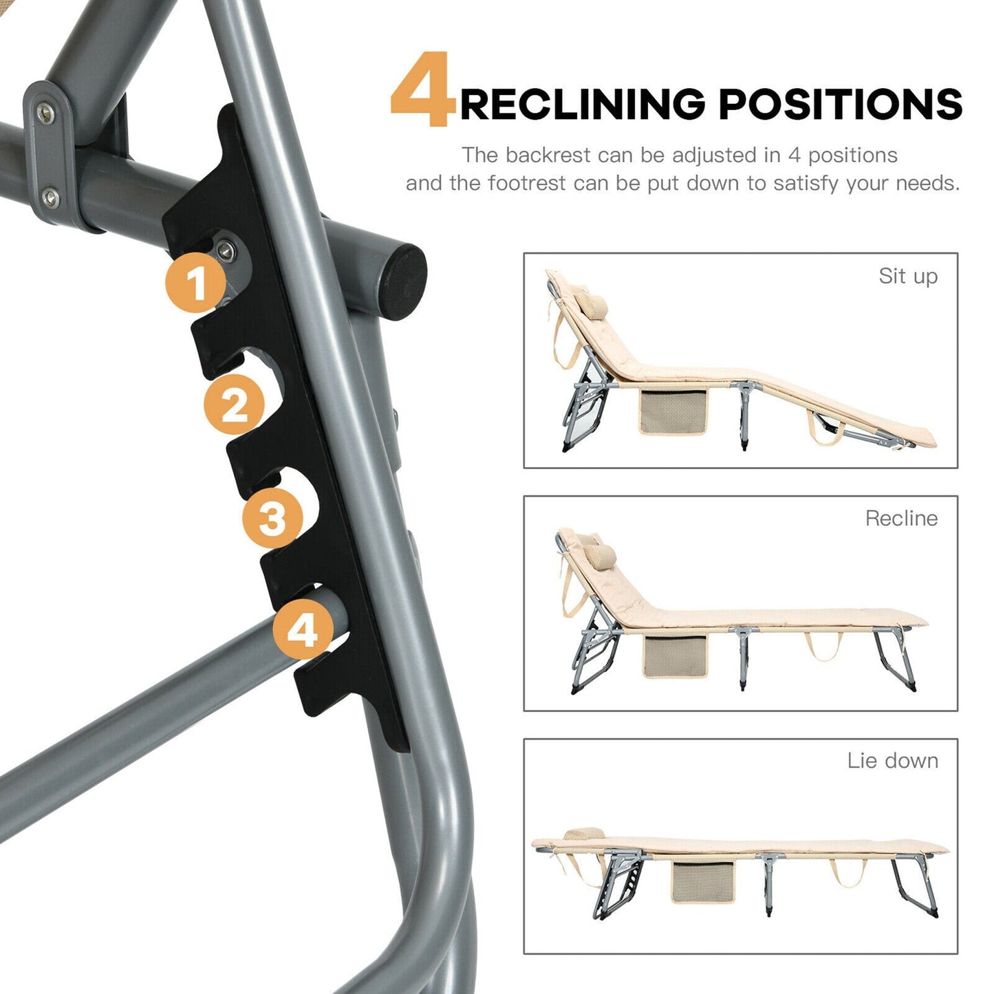 Sedia a sdraio pieghevole imbottita oversize Gymax a 4 pieghe reclinabile