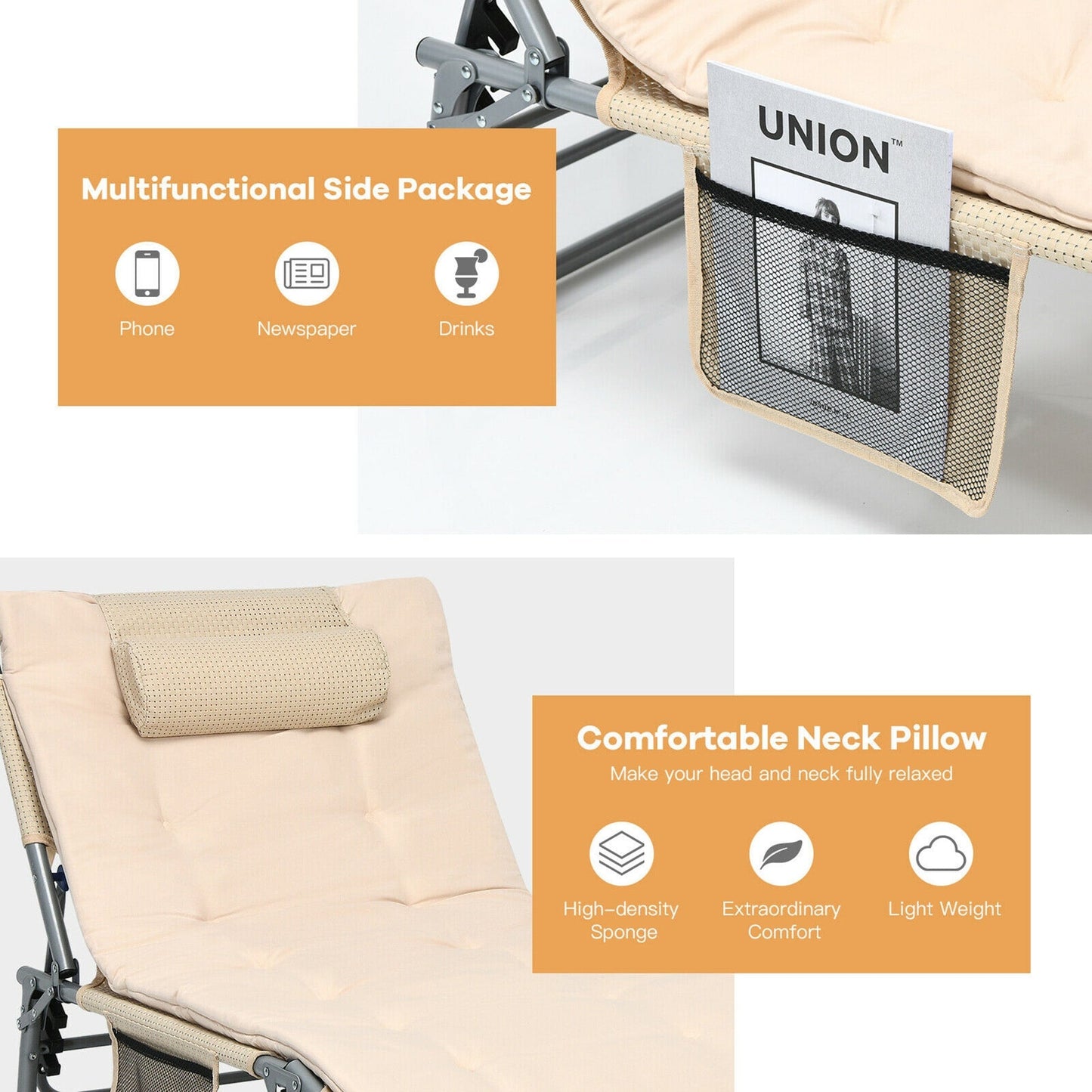 Sedia a sdraio pieghevole imbottita oversize Gymax a 4 pieghe reclinabile