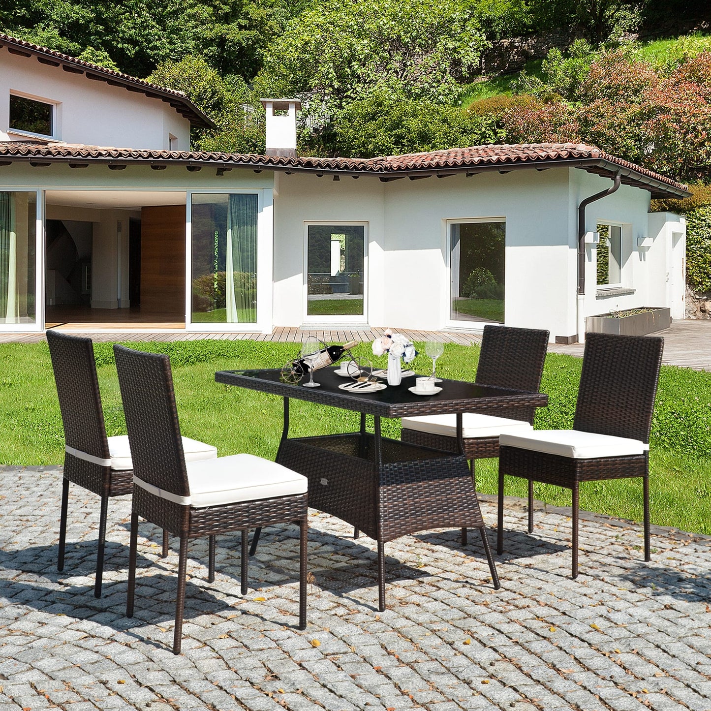 Set di mobili da esterno Gymax 5 pezzi in rattan, tavolo da pranzo e sedie da giardino