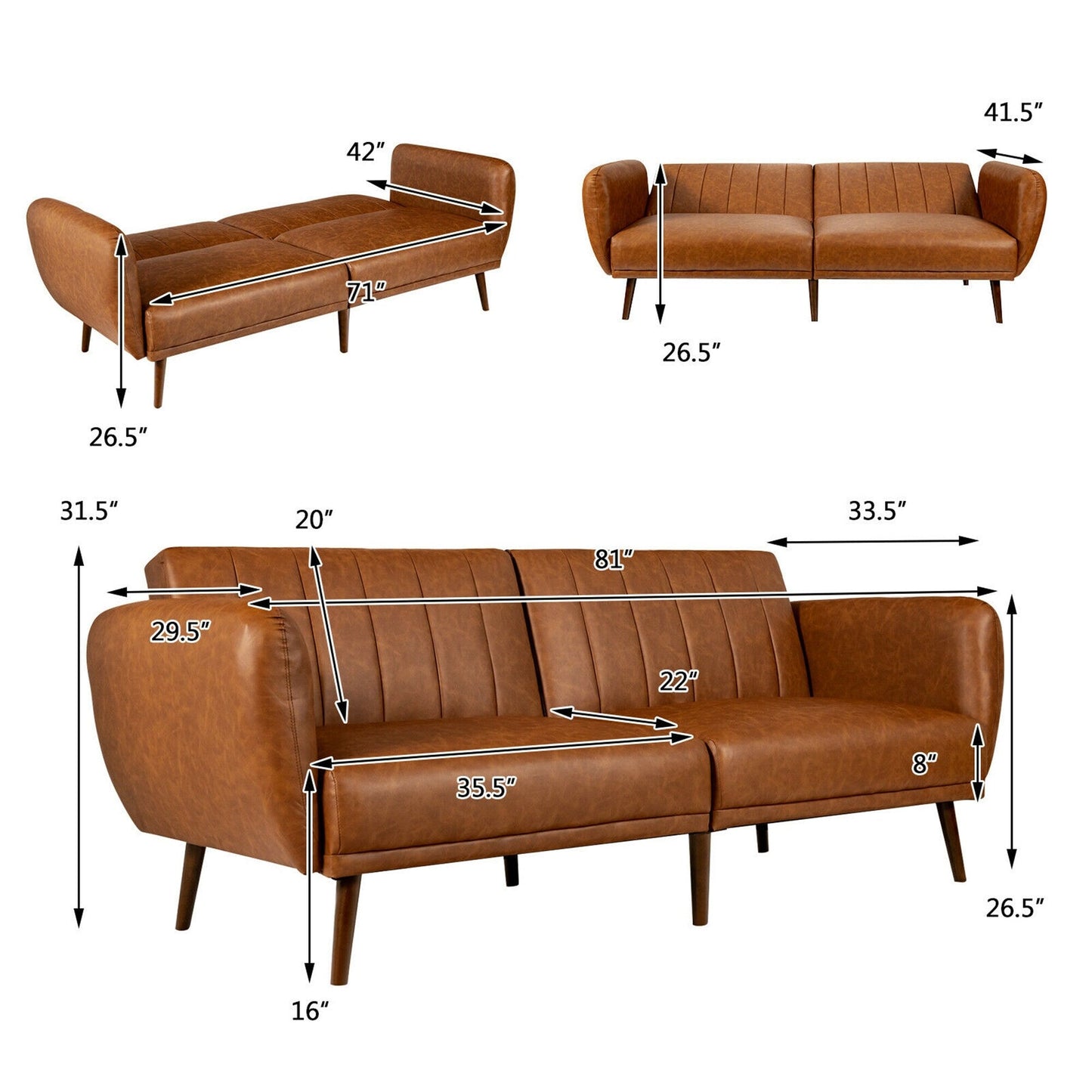 Divano letto futon trasformabile Gymax in PU regolabile con struttura in legno