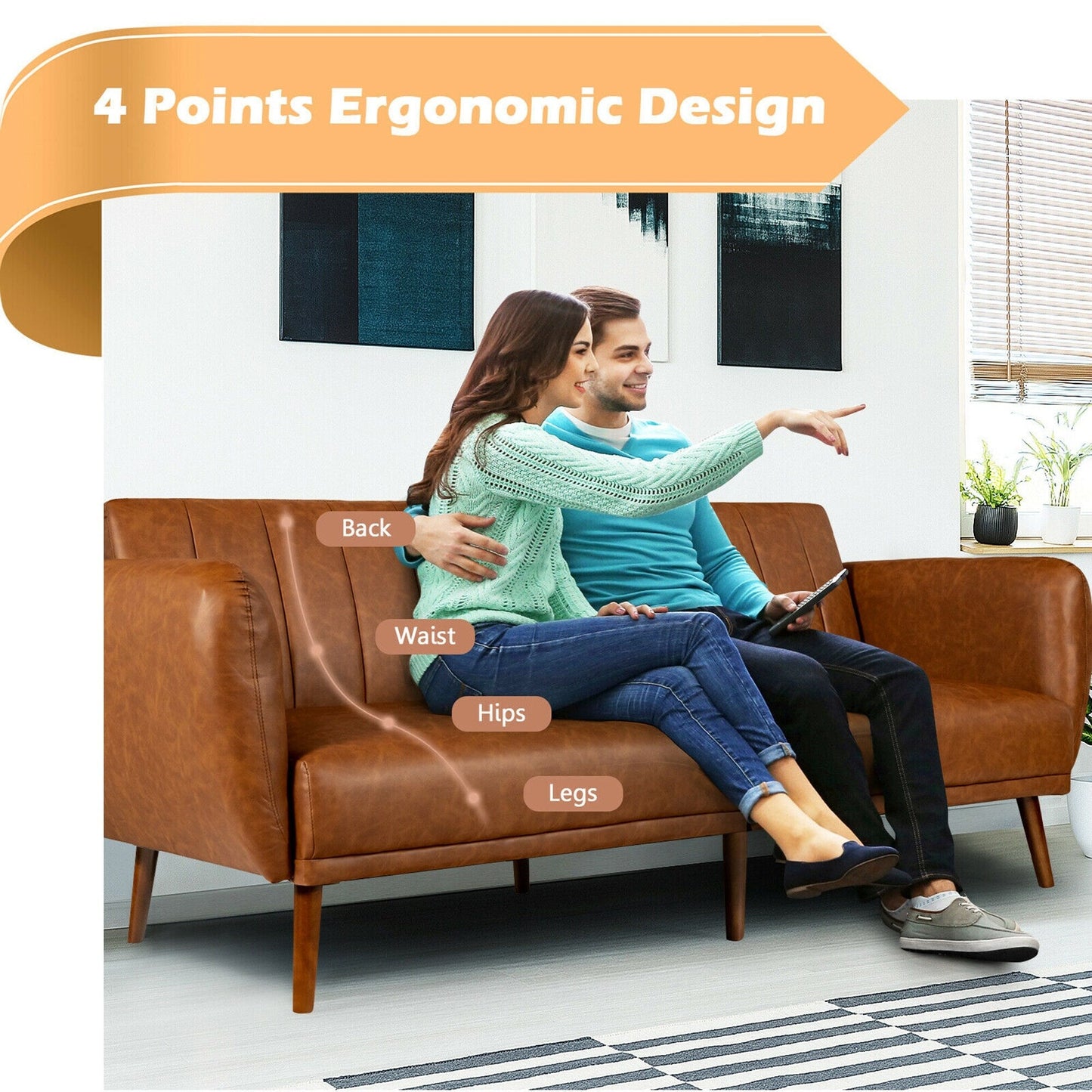 Divano letto futon trasformabile Gymax in PU regolabile con struttura in legno