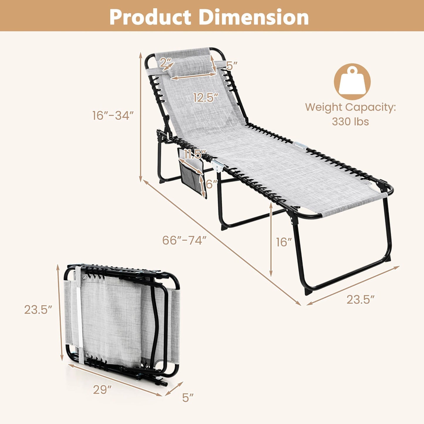 Sedia a sdraio pieghevole da spiaggia Gymax con cuscino a 4 livelli
