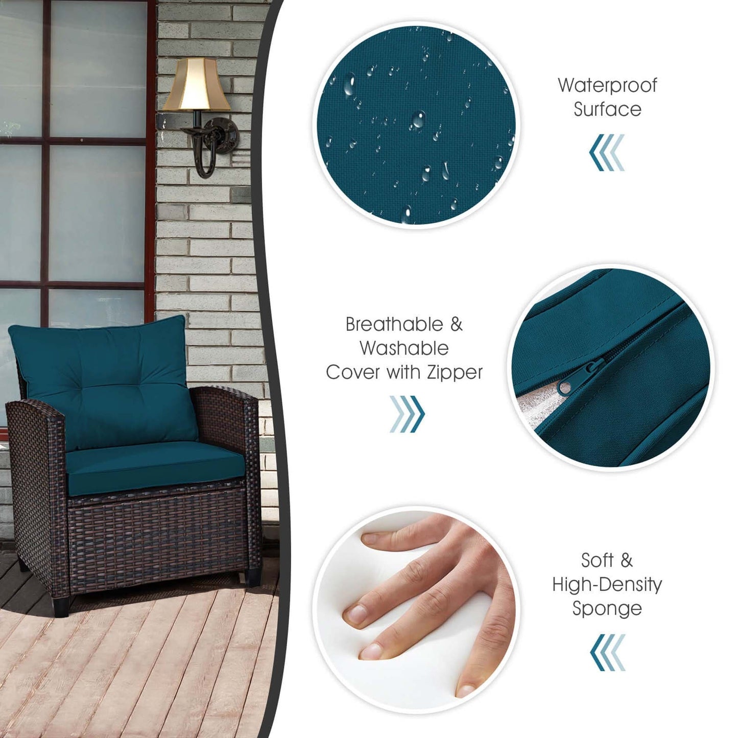 Gymax Set di 3 mobili in rattan Set da conversazione imbottito per patio