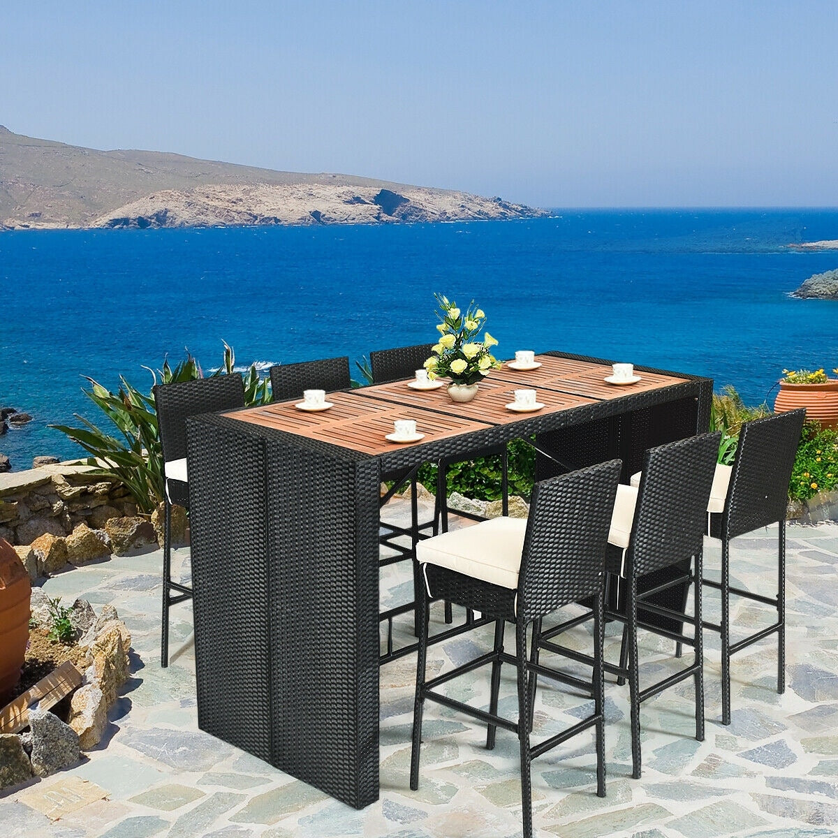 Gymax 7 pezzi set bar in rattan e vimini mobili da pranzo per patio con tavolo in legno