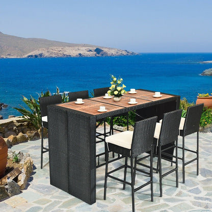 Gymax 7 pezzi set bar in rattan e vimini mobili da pranzo per patio con tavolo in legno