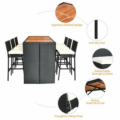 Gymax 7 pezzi set bar in rattan e vimini mobili da pranzo per patio con tavolo in legno