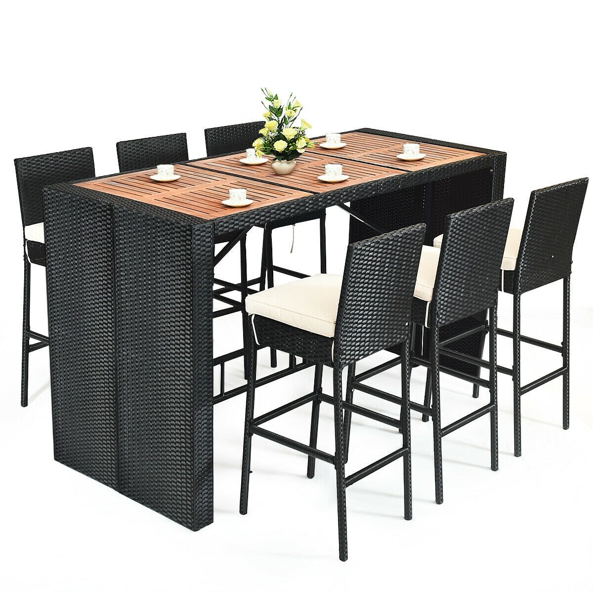 Gymax 7 pezzi set bar in rattan e vimini mobili da pranzo per patio con tavolo in legno