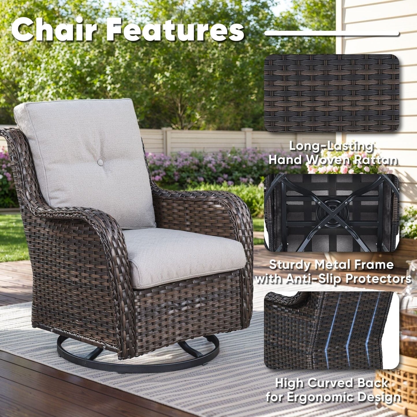 Set di 3 sedie a dondolo girevoli in rattan e vimini Gymojoy con tavolo