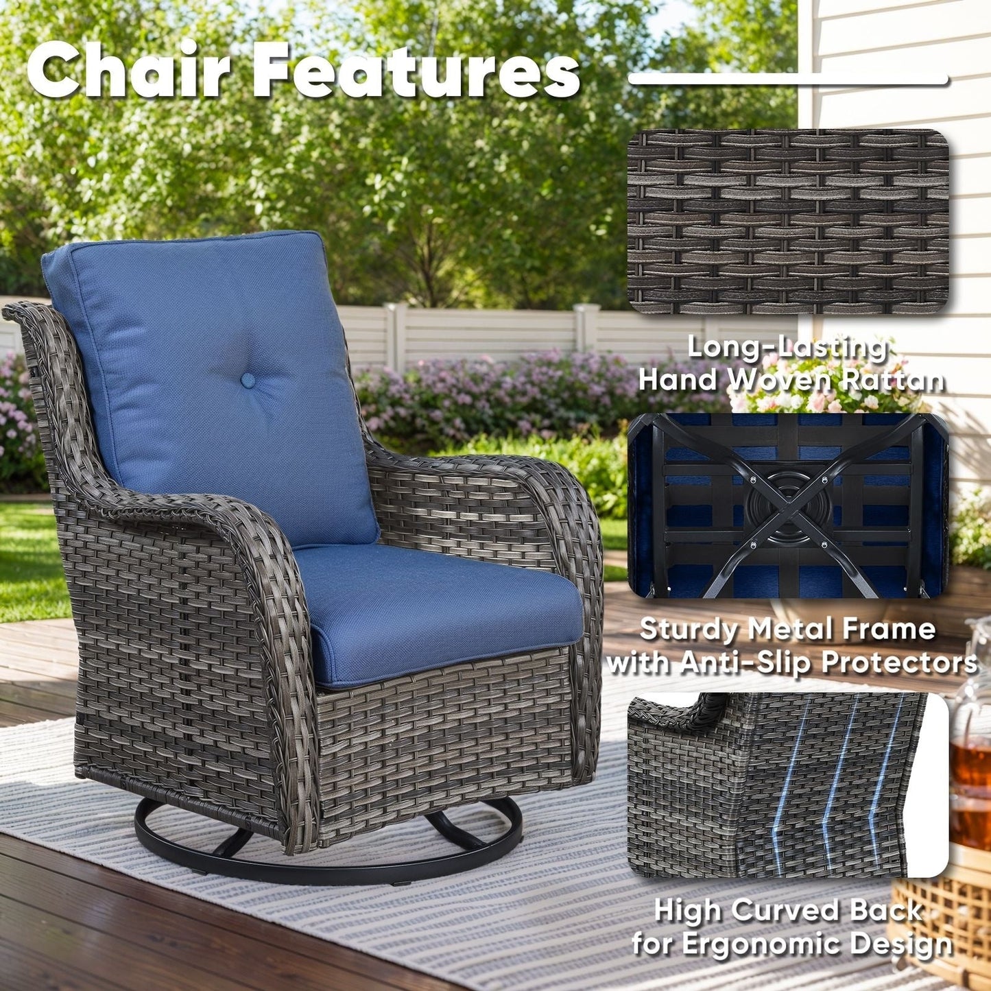 Set di 3 sedie a dondolo girevoli in rattan e vimini Gymojoy con tavolo