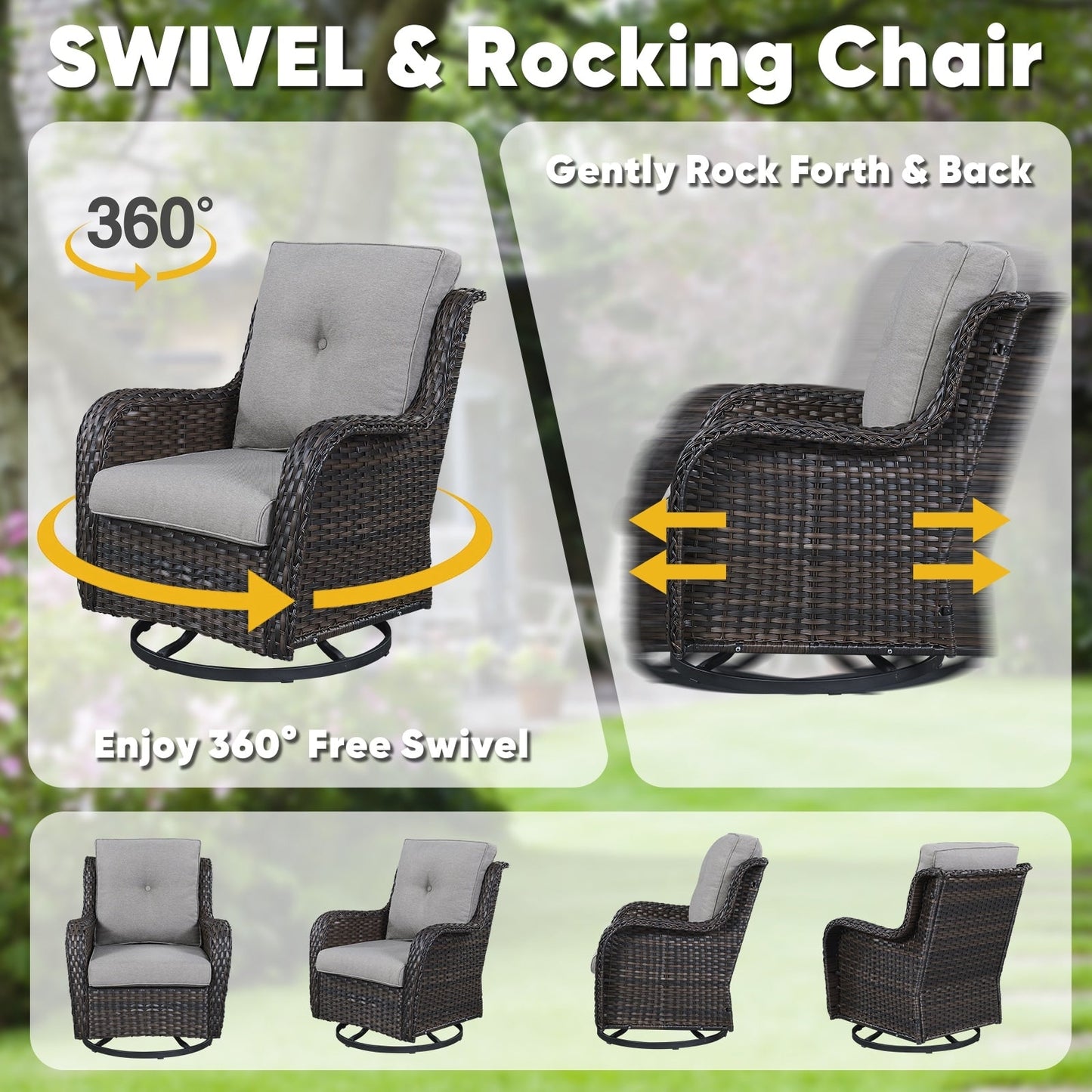 Set di 3 sedie a dondolo girevoli in rattan e vimini Gymojoy con tavolo