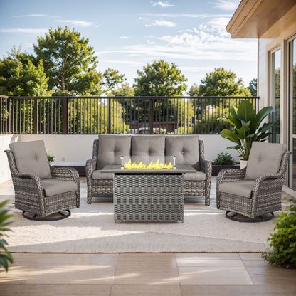 Set di mobili da esterno Gymojoy da 4 pezzi, 2 sedie girevoli, divano a 3 posti e tavolo con braciere da 55.000 BTU