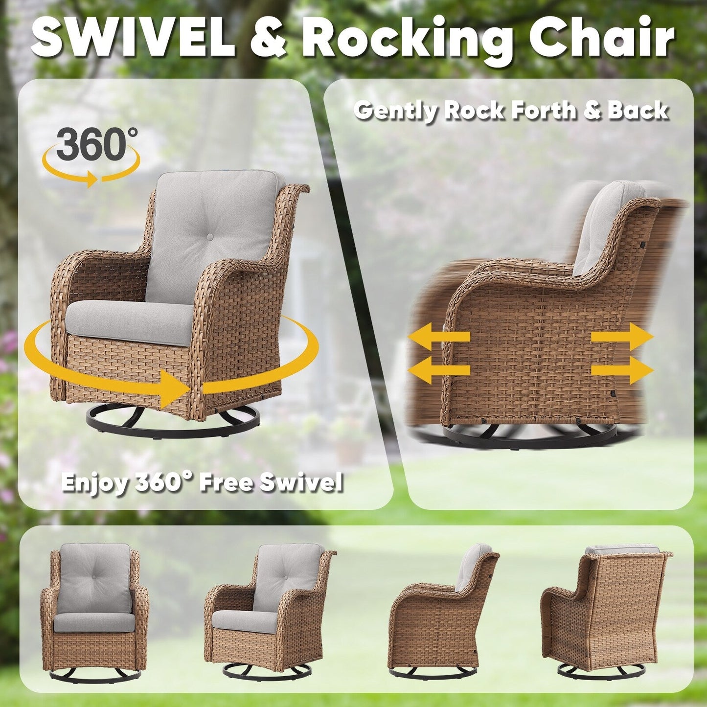 Set di 3 sedie girevoli in vimini e acciaio per esterni Gymojoy