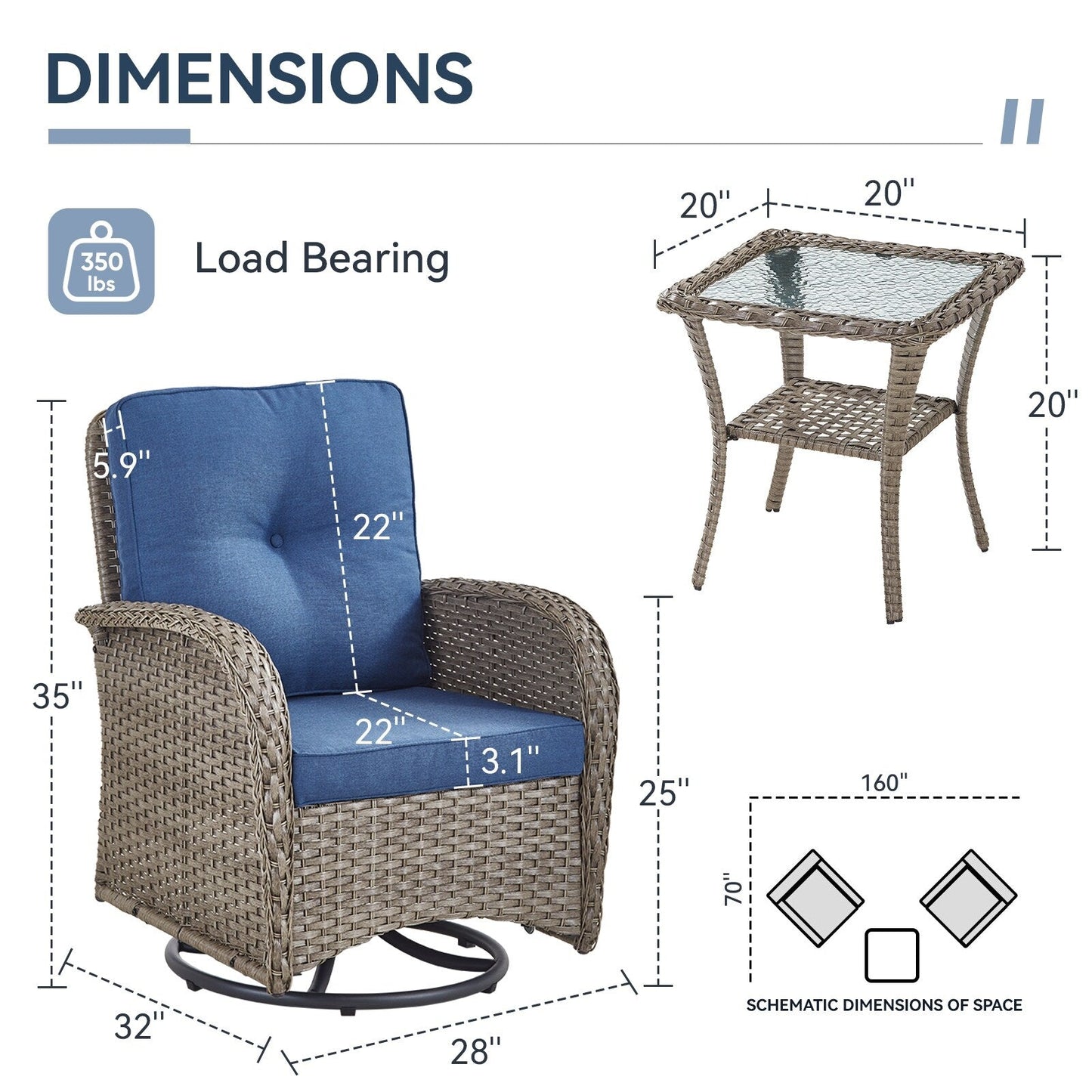 Set di mobili da esterno da 3 pezzi con sedia girevole e tavolo da giardino Gymojoy