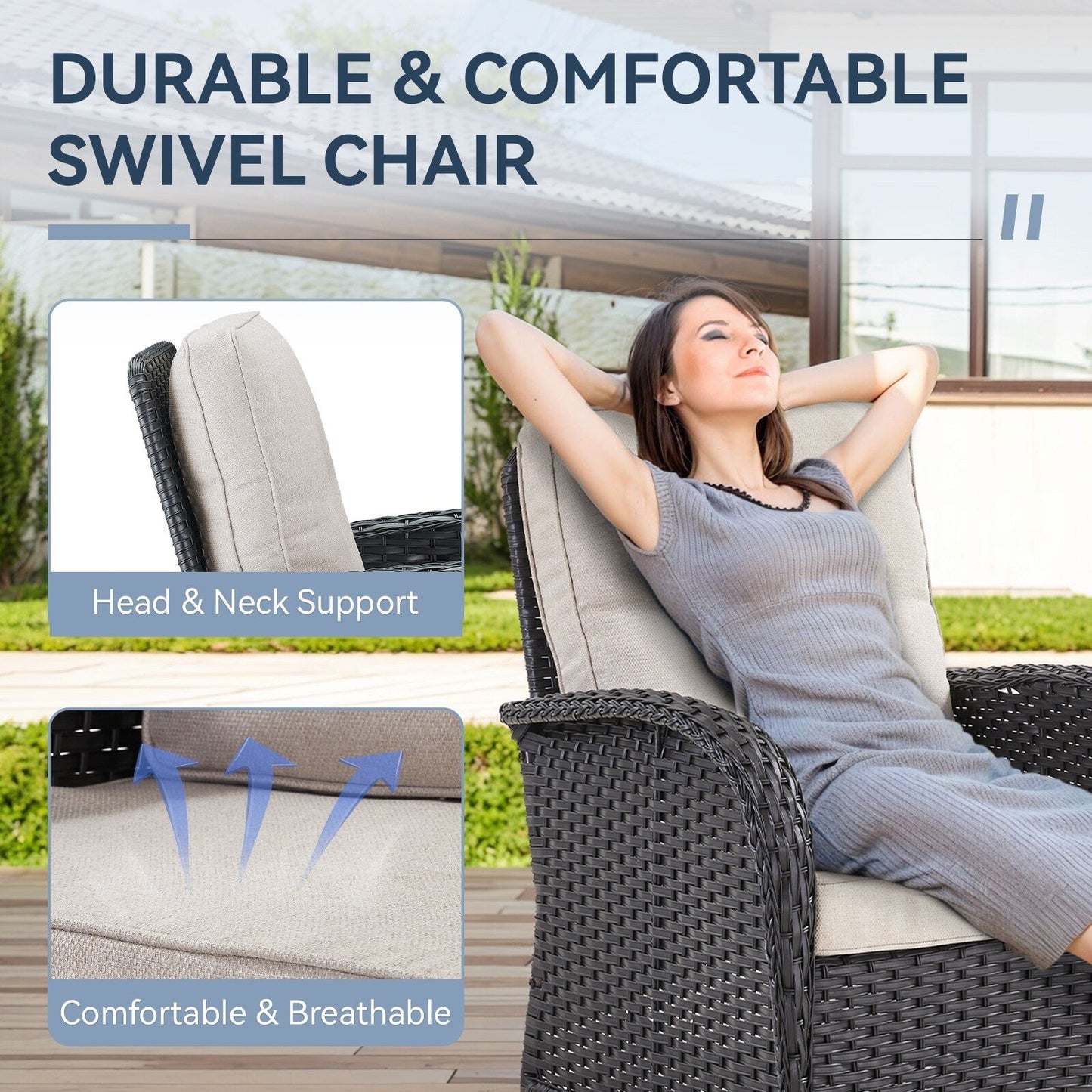 Set di mobili da esterno da 3 pezzi con sedia girevole e tavolo da giardino Gymojoy