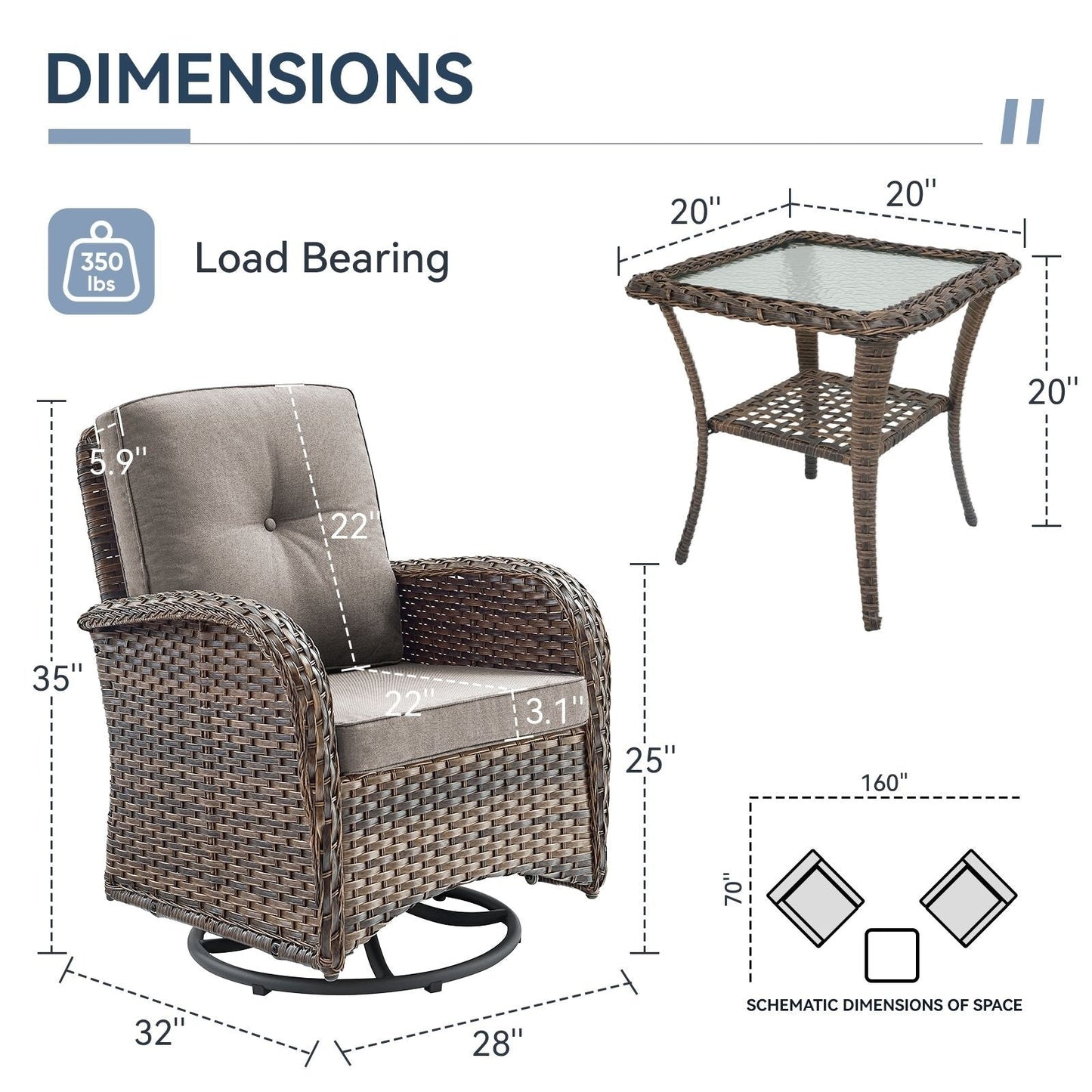Set di mobili da esterno da 3 pezzi con sedia girevole e tavolo da giardino Gymojoy