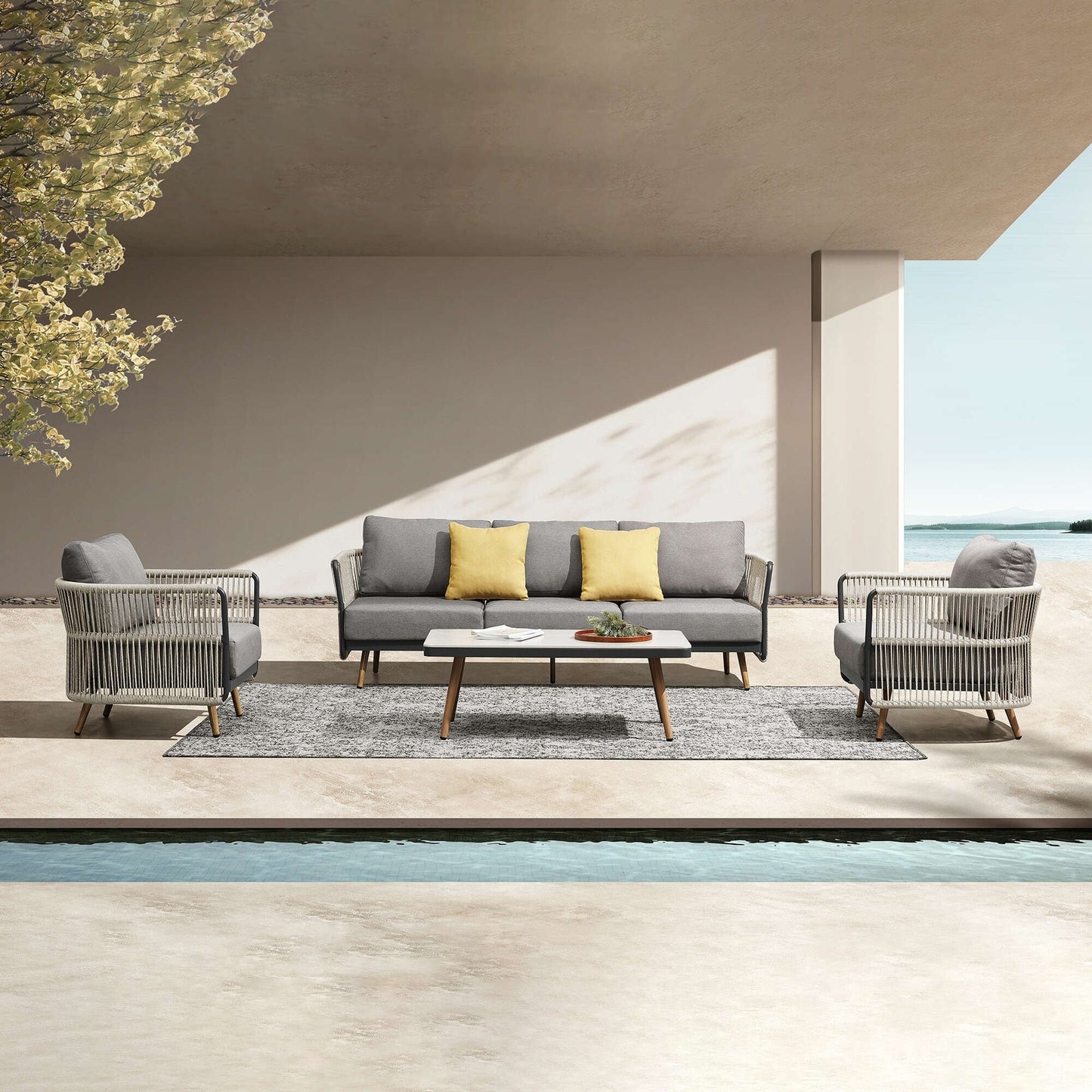 Set di sedute da esterno HIGOLD BAY con schienale alto, 4 pezzi, con cuscini, alluminio, nero - 4 pezzi